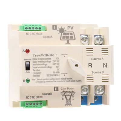 AC220V পিভি সোলার দীন রেল 2P 63A এটিএস দ্বৈত শক্তি স্বয়ংক্রিয় স্থানান্তর স্যুইচ
